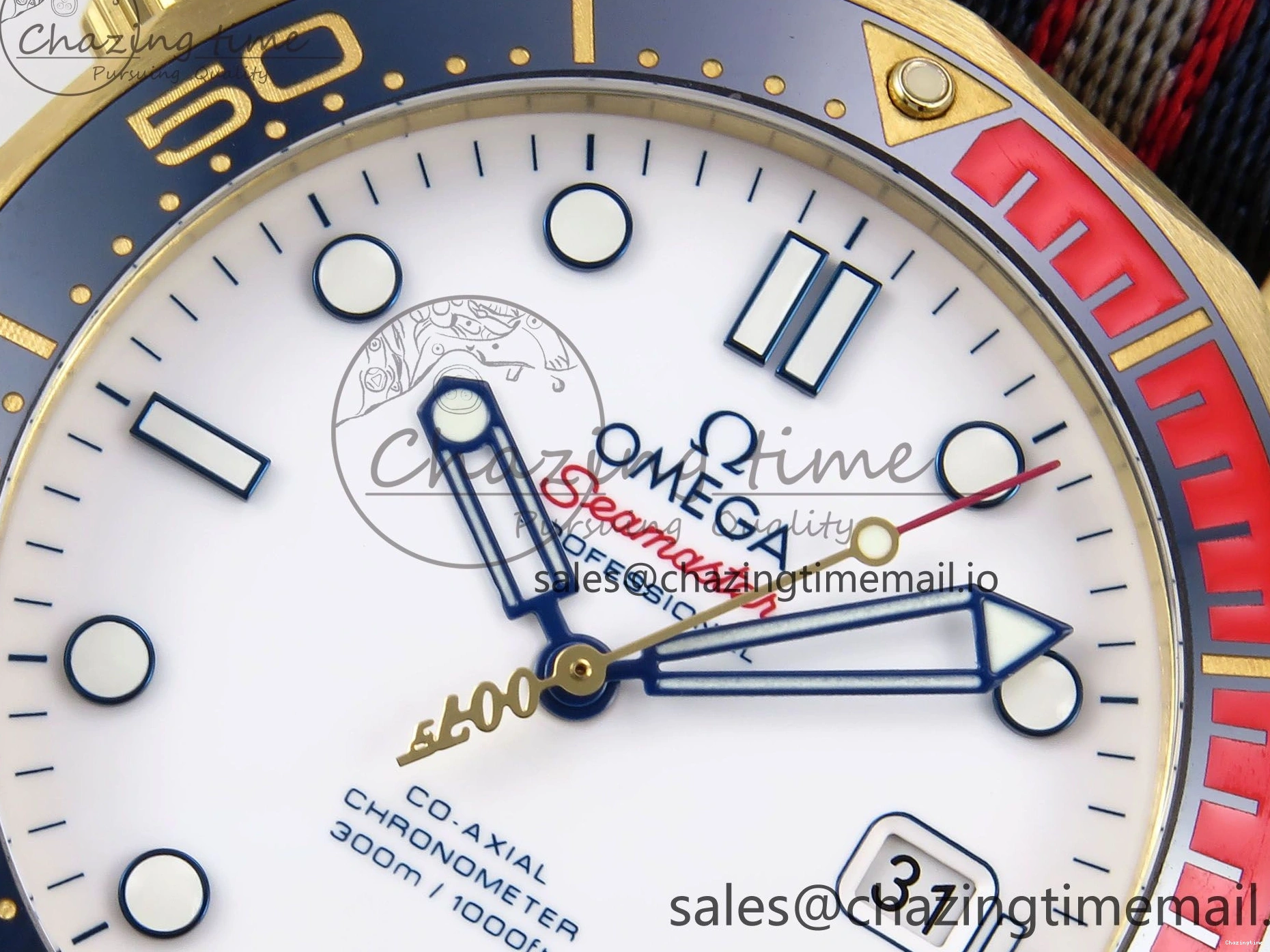 0408 Seamaster 300m Diver YG OMF 1:1 Best Edition Blue Orange Ceramic White Dial on Blue Nato Strap A Colorful 7704